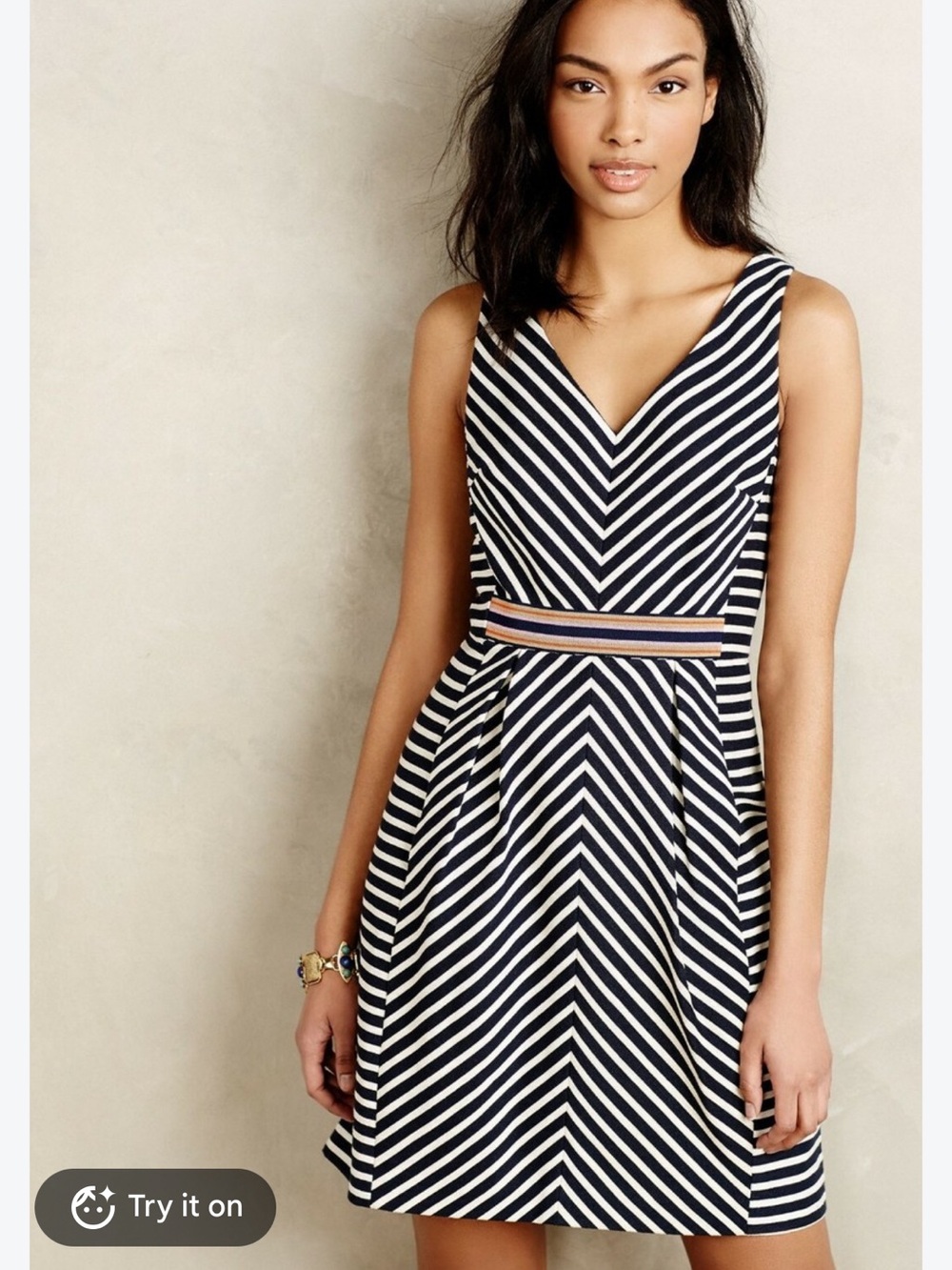 Anthropologie Maeve Mitered Navy Striped Dress size 6 fit and flair silhouette